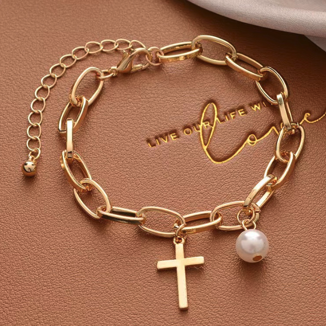 Women Gold-color Bracelet Ladies Simple Style Thick Cross Chain With  Faux Pearl Pendant