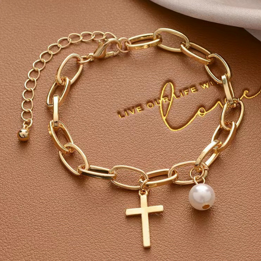 Women Gold-color Bracelet Ladies Simple Style Thick Cross Chain With  Faux Pearl Pendant