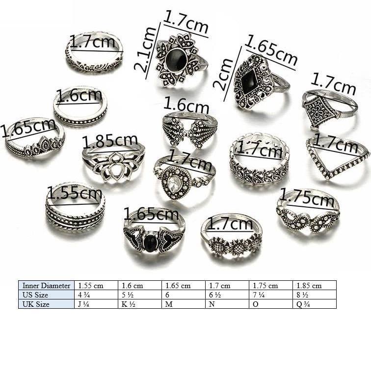 15 Pieces Vintage Fashion Gem Ring Set Jewelry Geometric Women Gift Ring Set Wedding Ring Set