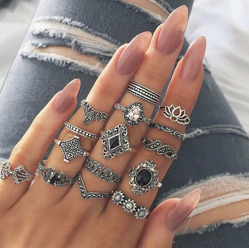 15 Pieces Vintage Fashion Gem Ring Set Jewelry Geometric Women Gift Ring Set Wedding Ring Set