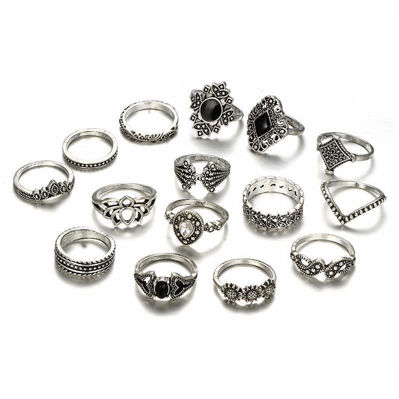 15 Pieces Vintage Fashion Gem Ring Set Jewelry Geometric Women Gift Ring Set Wedding Ring Set